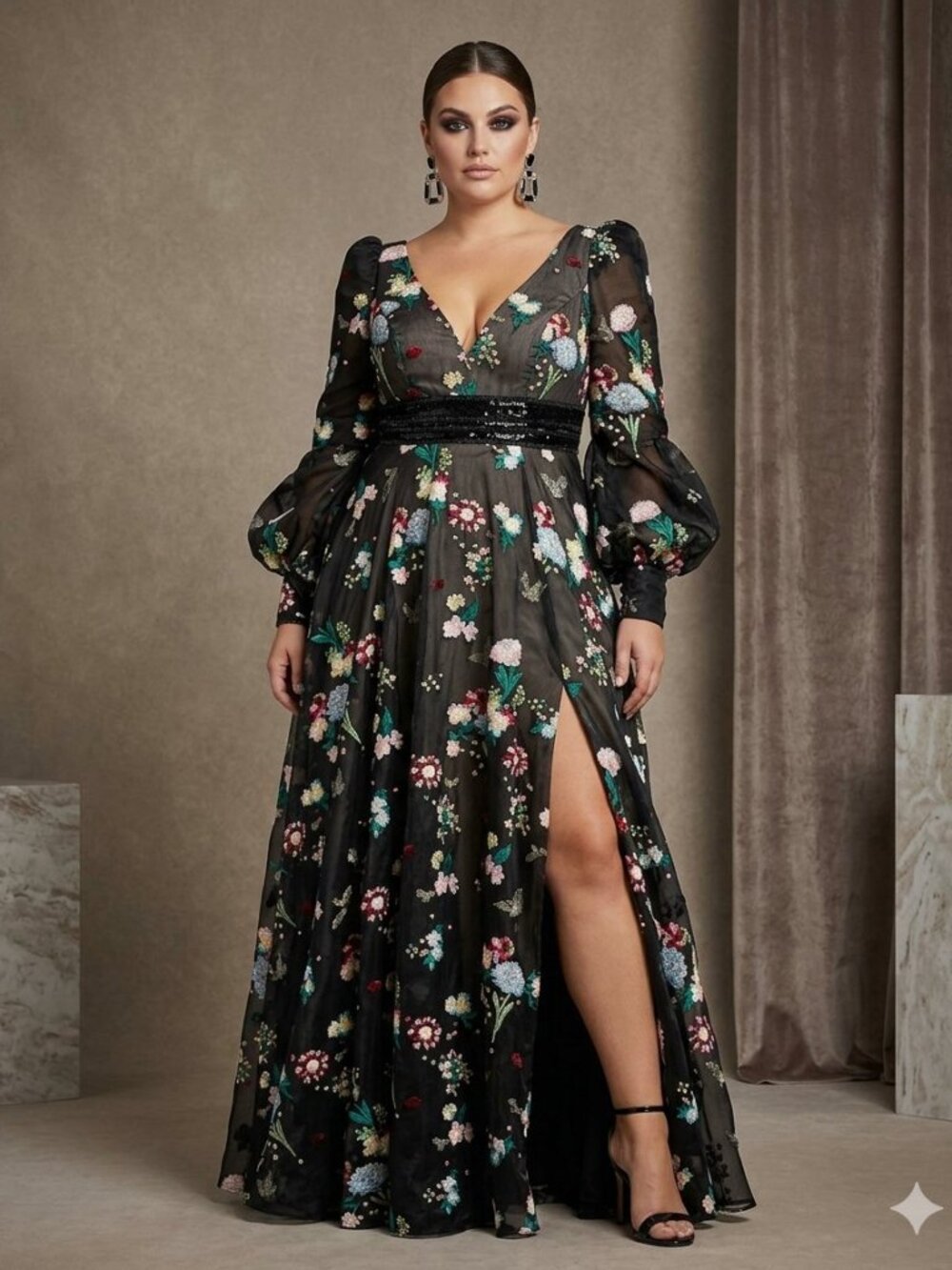 Mac Duggal 79361 Floral Embroidered Bishop Sleeve A Line Maxi Gown 14 NWT